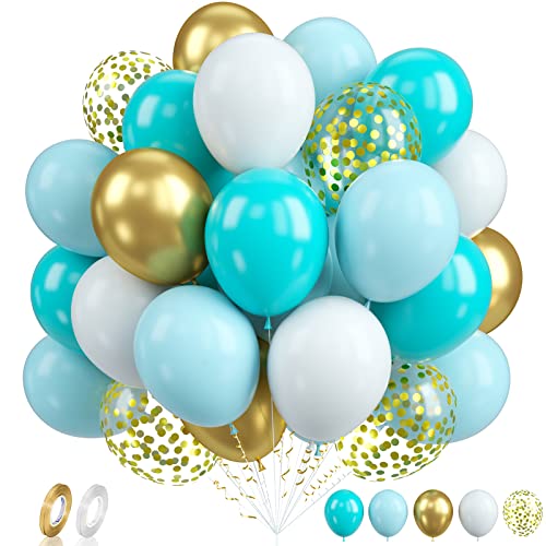 Biapian Luftballons Blau Gold, 60 Stück Teal Blau Gold Luftballons Geburtstag, 12 Zoll Mintgrüne Blaugrüne Weiß Latexballons, Goldene Konfetti-Luftballons für Geburtstag Babyparty Hochzeit Party Deko von Biapian