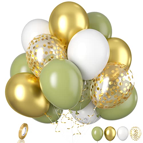 Biapian Luftballons Grün, 20 Stück Grün gold Weiß Luftballons Geburtstag, 12 Zoll Salbeigrün Weiße Latexballons Gold Konfetti Ballons Helium für Geburtstagsfeier Hochzeit Dschungel Babyparty Deko von Biapian