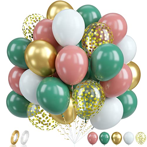 Biapian Luftballons Rosa Grün, 60 Stück Grüne und Rosa Luftballons Geburtstag, 12 Zoll Salbeigrün Gold Weiße Latexballons Gold Konfetti Ballons für Geburtstagsfeier Hochzeit Dschungel Babyparty Deko von Biapian