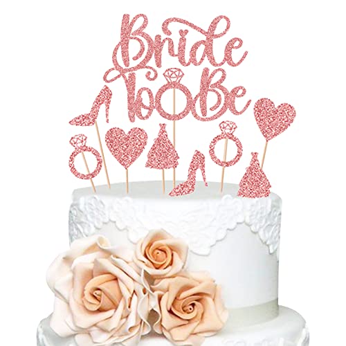 Bride To Be Cake Topper Rosegold, 9 Stück Hochzeit Bride To Be Tortenstecker, Hen Party Cake Topper mit Glitzer Hochzeitskleid Diamant Herz Kuchen Deko für Frauen Verlobung Hochzeit Brautparty Deko von Biapian