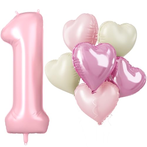 Folienballon Zahl 1 Rosa, XXL Pastell Rosa Zahlenballon 1 für Mädchen, 40 Zoll Hellrosa Zahlen Luftballon 1. Geburtstag Deko mit Herzluftballons Helium für Kinder Babyparty 1 Jahre Geburtstagsdeko von Biapian