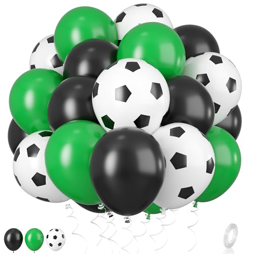 Fußball Luftballons, 12 zoll FußballLuftballons grün schwarz weiß,LatexLuftballons Fußball bedruckte Luftballons mit Bändern für Jungen Fußball Party Sport Jubiläum Babyparty Dekorationen von Biapian