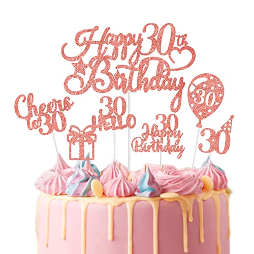 Geburtstag Tortendeko 30, Happy Birthday 30 Cake Topper Rosegold, 30. Geburtstag Kuchendeko Rosegold mit Glitzer Hello 30 Geschenk Ballon Cupcake Topper für Frau 30. Geburtstag Party Kuchen Dekoration von Biapian