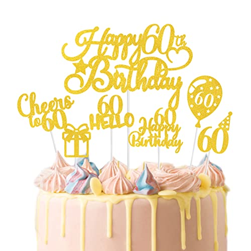 Happy Birthday Tortendeko 60, 60. Geburtstag Tortendeko Gold, Glitzer 60. Happy Birthday Cake Topper Set mit Gold Hello 60 Geschenk Ballon Cupcake Topper für Mann Frau 60. Geburtstag Kuchen Deko von Biapian