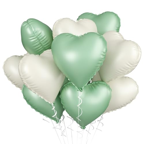 Herz Folienballon Salbeigrün Beige, 10 Stück 18 Zoll Grün Cremefarbene Herzluftballons Creme Weiß Herz Folienballons für Süßigkeiten Geburtstag Hochzeit Babypartys Verlobung Valentinstag Partydeko von Biapian