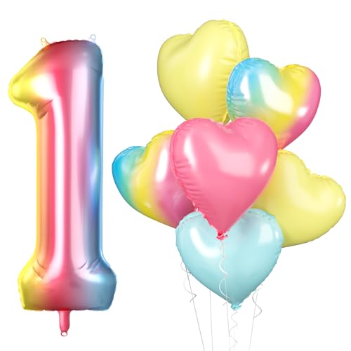 Luftballon 1. Geburtstag, 40 Zoll Regenbogen Zahl 1 Luftballon, XXL 101cm Nummer 1 Folienballon Rosa Gelb Blau Farbverlauf Herzluftballons für Mädchen Babyparty Jubiläum 1. Geburtstag Party Deko von Biapian