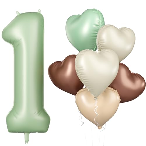 Luftballon 1. Geburtstag, 40 Zoll Salbeigrün Zahl 1 Luftballon, XXL Olivgrün Nummer 1 Folienballon Beige Braune Aprikosen Herzluftballons für Jungen Mädchen Babyparty 1. Geburtstag Party Deko von Biapian