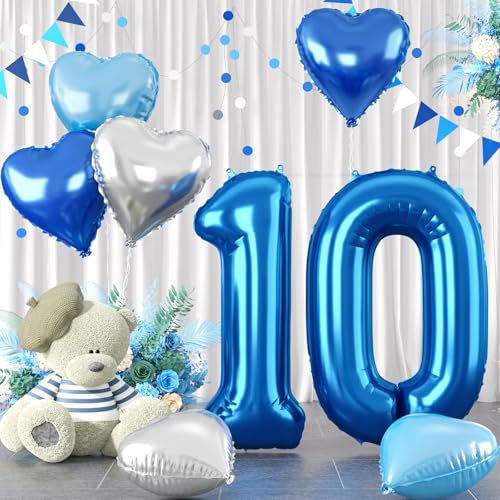 Luftballon 10. Geburtstag, 40 Zoll Blaue Zahl 10 Luftballon, 8 Stück Groß Blau Nummer 10 Folienballon Blau Silber Herzluftballons Helium für Jungen Mädchen Babyparty Jubiläum 10. Geburtstag Party Deko von Biapian