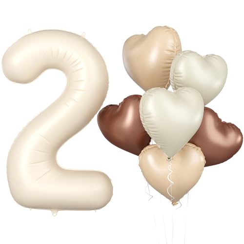 Luftballon 2. Geburtstag, 40 Zoll Beige Zahl 2 Luftballon, XXL Cremefarbene Nummer 2 Folienballon Braune Aprikosen Herzluftballons Neutraler für Jungen Mädchen Babyparty 2. Geburtstag Party Deko von Biapian