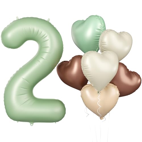 Luftballon 2. Geburtstag, 40 Zoll Salbeigrün Zahl 2 Luftballon, XXL Olivgrün Nummer 2 Folienballon Beige Braune Aprikosen Herzluftballons für Jungen Mädchen Babyparty 2. Geburtstag Party Deko von Biapian