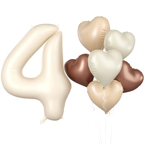 Luftballon 4. Geburtstag, 40 Zoll Beige Zahl 4 Luftballon, XXL Cremefarbene Nummer 4 Folienballon Braune Aprikosen Herzluftballons Neutraler für Jungen Mädchen Babyparty 4. Geburtstag Party Deko von Biapian