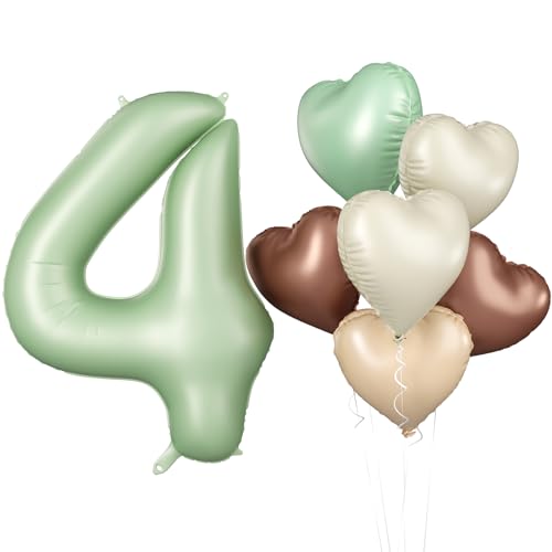 Luftballon 4. Geburtstag, 40 Zoll Salbeigrün Zahl 4 Luftballon, XXL Olivgrün Nummer 4 Folienballon Beige Braune Aprikosen Herzluftballons für Jungen Mädchen Babyparty 4. Geburtstag Party Deko von Biapian