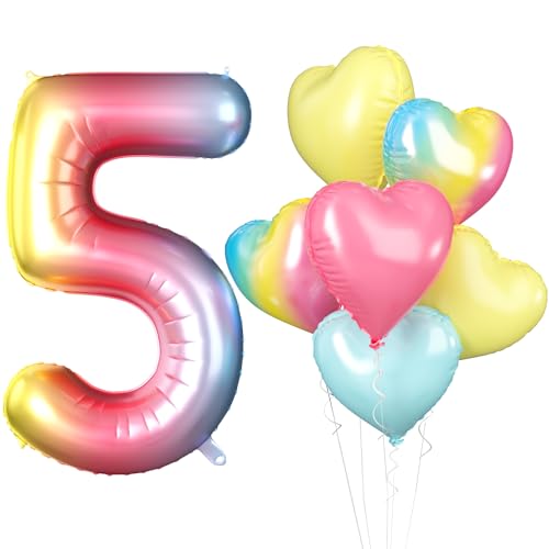 Luftballon 5. Geburtstag, 40 Zoll Regenbogen Zahl 5 Luftballon, XXL 101cm Nummer 5 Folienballon Rosa Gelb Blau Farbverlauf Herzluftballons für Mädchen Babyparty Jubiläum 5. Geburtstag Party Deko von Biapian