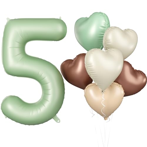 Luftballon 5. Geburtstag, 40 Zoll Salbeigrün Zahl 5 Luftballon, XXL Olivgrün Nummer 5 Folienballon Beige Braune Aprikosen Herzluftballons für Jungen Mädchen Babyparty 5. Geburtstag Party Deko von Biapian