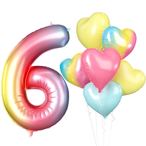 Luftballon 6. Geburtstag, 40 Zoll Regenbogen Zahl 6 Luftballon, XXL 101cm Nummer 6 Folienballon Rosa Gelb Blau Farbverlauf Herzluftballons für Mädchen Babyparty Jubiläum 6. Geburtstag Party Deko von Biapian