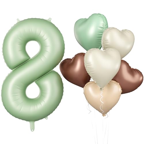 Luftballon 8. Geburtstag, 40 Zoll Salbeigrün Zahl 8 Luftballon, XXL Olivgrün Nummer 8 Folienballon Beige Braune Aprikosen Herzluftballons für Jungen Mädchen Babyparty 8. Geburtstag Party Deko von Biapian