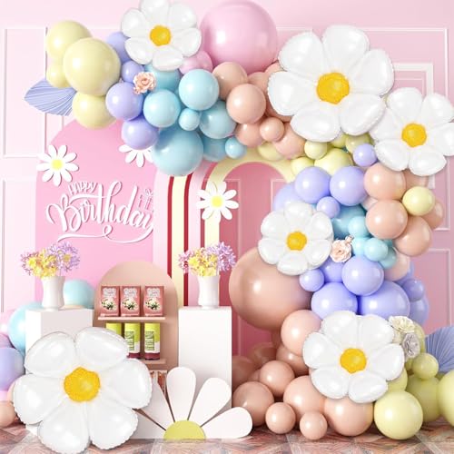 Luftballons Girlande Pastel, 106 Stück Ballon Girlande Daisy mit Macaron Pastel Rosa Blau Lila Gelb Latexballons Regenbogen Ballons Blume Folienballons für Mädchen Babyparty Geburtstag Party Deko von Biapian