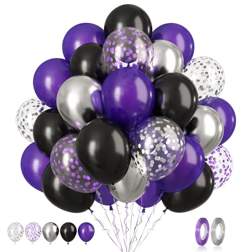 Luftballons Lila Schwarz, 60 Stück Lila Silber Geburtstag Luftballons, 12 Zoll Metallic Silber Lila Konfetti Luftballons Schwarz und Lila Latexballons für Geburtstag Hochzeit Party Dekorationen von Biapian