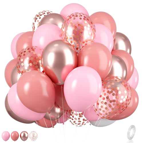 Luftballons Rosa, 12 Zoll Retro Aprikose Rosa Metallic Roségold und Roségold-Konfetti Ballons mit Band für Boho Party Dekoration Mädchen Baby Shower Hochzeit Geburtstag Dusche von Biapian