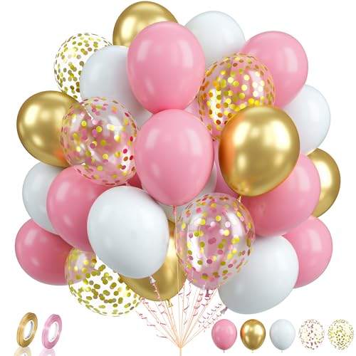 Luftballons Rosa, 60 Stück Rosa Gold Luftballons Geburtstag, 12 Zoll Metallic Gold Konfetti Ballons, Rosa Weiße und Goldene Latexballons für Mädchen Geburtstag Hochzeit Prinzessin Babyparty Deko von Biapian