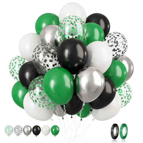 Luftballons Schwarz Grün, 60 Stück Luftballons Konfetti Grün Schwarz, Metallic Silber Weiß Latexballons Grün Schwarz Konfetti Ballons für Video Fussball Deko Geburtstag Jungen Babyparty Hochzeitsdeko von Biapian