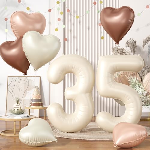 Luftballons Zahlen 35, Beige Creme Ballon Zahl 35 Geburtstagsdeko, Aprikose Braun Herz Luftballons Hochzeit Deko, Nude Neutraler Folienballon Helium für Frauen 35. Geburtstag Jubiläum Party Dekoration von Biapian