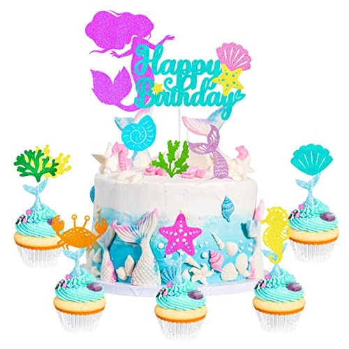 Meerjungfrau Tortendeko Geburtstag Mädchen, Meerjungfrau Schwanz Kuchendeko, 9 Stück Meerjungfrau Geburtstag Deko mit Glitzer Ocean Cupcake Topper für Mädchen Frauen Mermaid Geburtstag Party Deko von Biapian