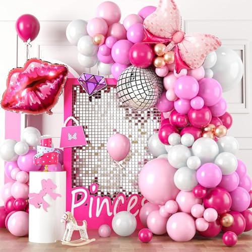 Rosa Luftballons Girlande, Prinzessinne Ballon Girlande mit Heißes Rosa Roségold Latexballons Schleife Lippe Disco Folienballons für Mädchen Babyparty Bachelorette Prinzessin Geburtstag Party Deko von Biapian