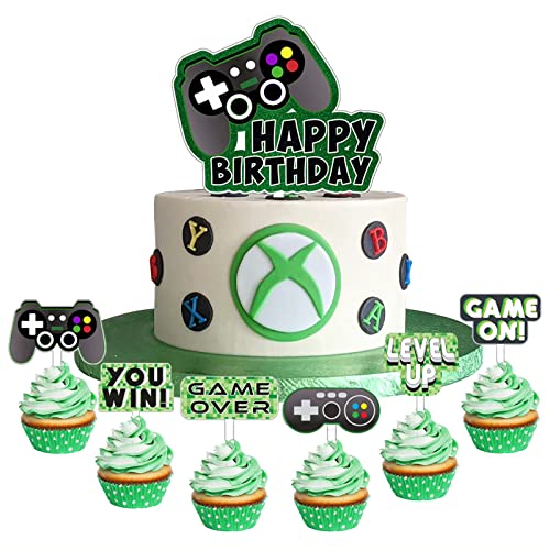 Videospiel Tortendeko Geburtstag, Gaming Happy Birthday Tortendeko Jungen mit Acryl Video Gaming Spiel Kuchendeko Geburtstag Game Cupcake Topper für Geburtstag Jungen Spiel Thema Party (Grün Schwarz) von Biapian