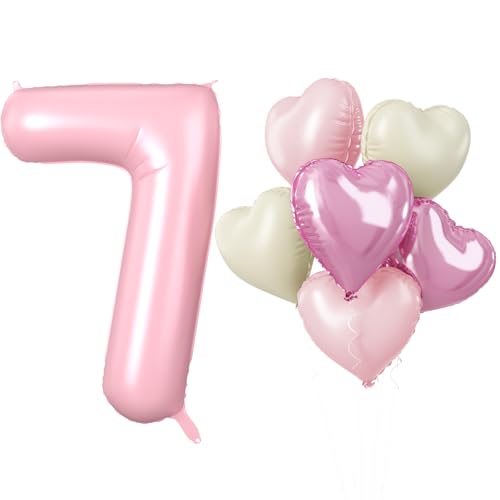 XXL Rosa Luftballon Zahl 7, 40 Zoll Pastell Rosa Folienballon Zahlen 7, Zahlenballon 7. Geburtstag Dekoration mit Herz Ballons Helium für Kinder Mädchen 7 Geburtstagsdeko Hochzeit Jubiläum Party Deko von Biapian