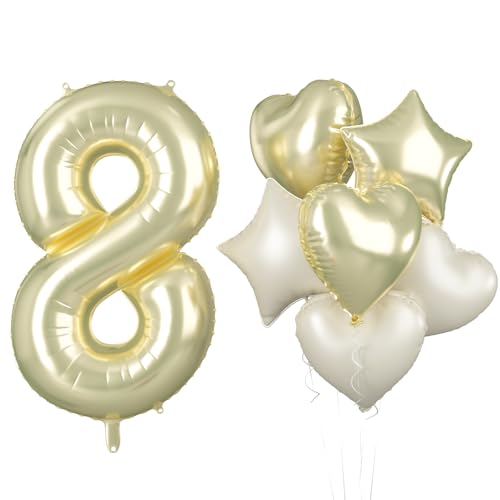 Zahlen Luftballon 8 Hellgold, Riesen Gold Folienballon Zahl für Mädchen Junge, 40 Zoll Helium Zahlenballon Creme Beige Herzluftballon 8. Geburtstag Deko für Kinder 8 Jahre Jubiläum Hochzeit Party Deko von Biapian