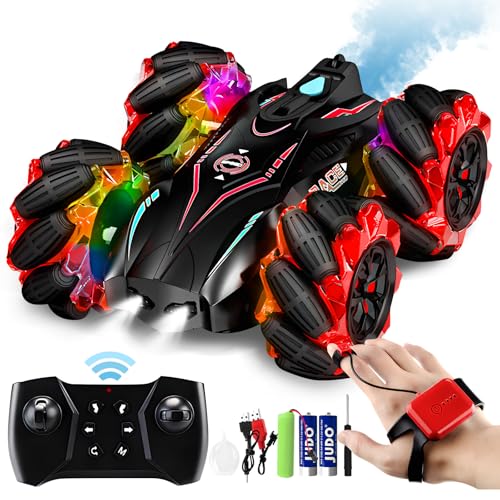 Bibykivn Ferngesteuertes Auto, 2.4Ghz RC Auto, Gestensensor RC Stunt Auto, 360° Flip All Terrain mit Sprühnebel-LED Leuchten, Jungen Weihnachten Geburtstags Geschenke für ab 4 5 6 7 8+ (Rot) von Bibykivn