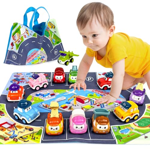 Bibykivn Spielzeugautos zum Zurückziehen 12 Stück Baby Auto Spielzeug, Aufziehauto mit Spielmatten Aufbewahrung, Press-and-Go Spielzeug Autos Set für Geburtstag Weihnachten Geschenk (12 Stück) von Bibykivn