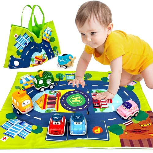 Bibykivn Spielzeugautos zum Zurückziehen 6 Stück Baby Auto Spielzeug, Aufziehauto mit Spielmatten Aufbewahrung, Press-and-Go Spielzeug Autos Set für Geburtstag Weihnachten Geschenk (6 Stück) von Bibykivn