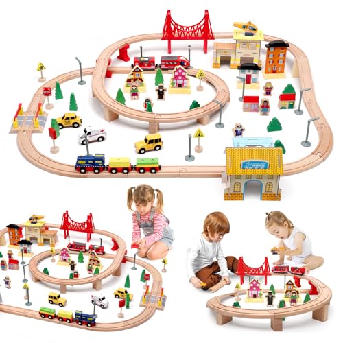 Holzeisenbahn Set,Biebuxo 72-Teilen Eisenbahn Holz für Kinder Holzeisenbahn Schienen und Zugspielzeug Kombinierbar Zug Spielzeug für Alle Großen Marken Geschenk für Jungen und Mädchen von Biebuxo