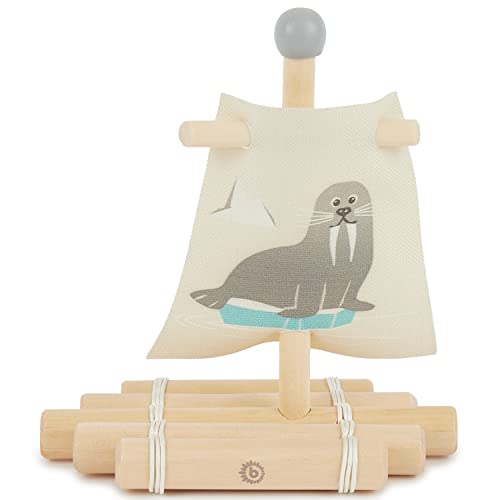 Bieco Floß Spielzeug Kinder | Holz Spielzeug 20x18 cm | Wasser Spielzeug | Schiff Spielzeug mit Segel | Boot Spielzeug für Wasser | Holzboot Schwimmfähig | Strand Spielsachen | Segelboot Deko von Bieco