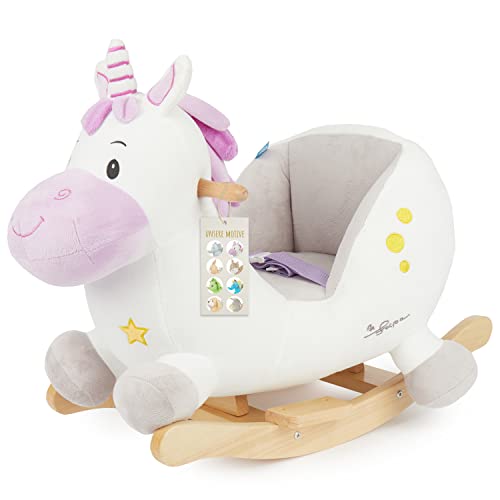 Bieco Plüsch Schaukeltier Einhorn, 60 cm | Kinder Schaukelstuhl mit Sicherheitsgurt | Baby Schaukel | Schaukel Kleinkind | Schaukeltier Baby | Baby Schaukelwippe ab 9 Monate | Schaukelpferd Holz von Bieco