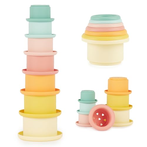 Bieco Silikon Baby Stapelbecher Tropical Vibes Baby Stapelturm ab 1 Jahr | Stapelbecher Baby bpa frei | Baby Stapelbecher | Stapelturm Baby Stapelspielzeug Stapelsteine Baby Mädchen Spielzeug von Bieco