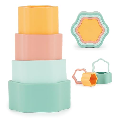 Bieco Silikon Baby Stapelspiel Tropical Vibes Baby Stapelturm ab 1 Jahr | Stapelbecher Baby bpa frei | Baby Stapelbecher | Stapelturm Baby Stapelspielzeug Stapelsteine baby Mädchen Spielzeug von Bieco