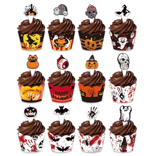 Bieiyhe 48 Stücke Halloween Cupcake Topper Dekoration, Halloween Muffin Deko, Kuchendeko halloween Tortendeko Kürbis Geist Kuchen Dekoratio, Cupcake Wrappers Halloween Zahnstocher Flagge für Party von Bieiyhe