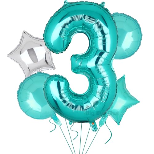 5 Stück XXL Türkis Zahl 3 Luftballon Tiffany Blau Nummer 3 Folienballons Groß Zahlen Happy Birthday Ballon Geburtstags Deko 100cm von Big Eye Owl