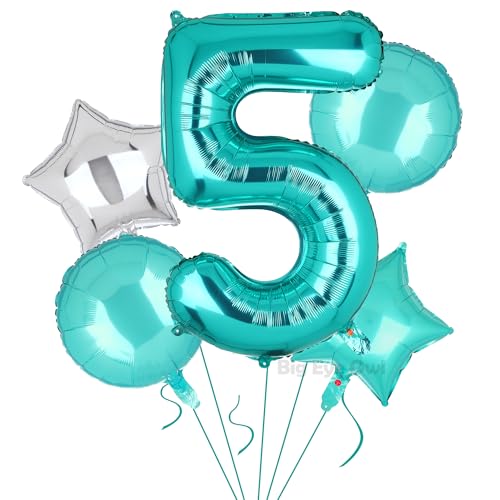 5 Stück XXL Türkis Zahl 5 Luftballon Tiffany Blau Nummer 5 Folienballons Groß Zahlen Happy Birthday Ballon Geburtstags Deko 100cm von Big Eye Owl