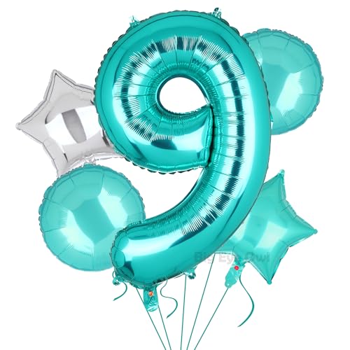 5 Stück XXL Türkis Zahl 9 Luftballon Tiffany Blau Nummer 9 Folienballons Groß Zahlen Happy Birthday Ballon Geburtstags Deko 100cm von Big Eye Owl