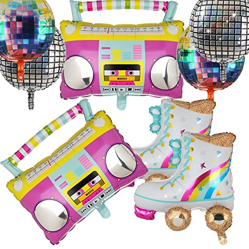 Big Eye Owl 80er 90er Party Deko Disco Ballon Regenbogen Rollschuh Folienballon Radio BoomBox Luftballon Retro Thema Hip Hop Disco 80s 90s Geburtstag Party Dekoration 8 Stück von Big Eye Owl