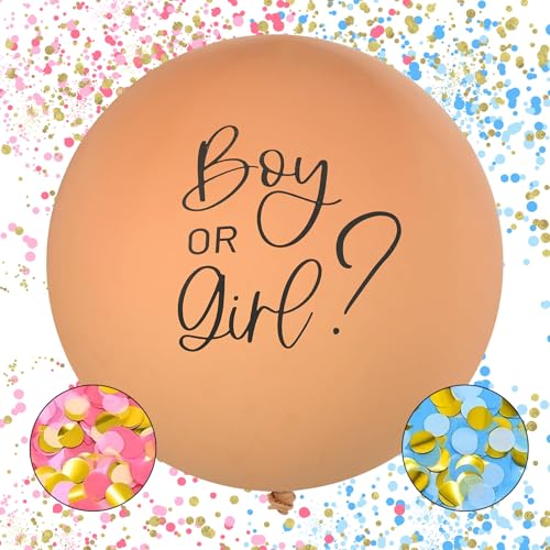 Gender Reveal Balloon Beige Boy or Girl Ballon XXL Geschlechtsverkündung Baby Geschlecht Verkünden Rosa & Blauen Konfetti von Big Eye Owl