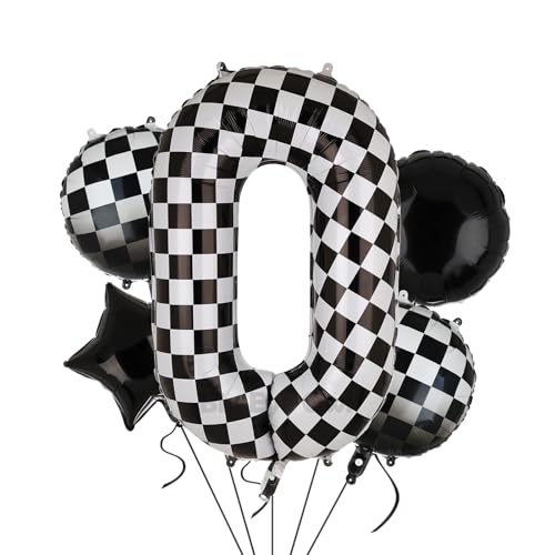 XXL Checkered Zahl 0 Folienballons Schwarz Weiß Rennauto Ballon 5 Stück Mylar Helium Zahlen 0 Rennwagen Autos Luftballon Party Deko Geburtstags Race Car Theme 100cm von Big Eye Owl