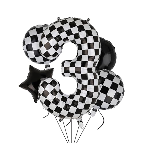 XXL Checkered Zahl 3 Folienballons Schwarz Weiß Rennauto Ballon 5 Stück Mylar Helium Zahlen 3 Rennwagen Autos Luftballon Party Deko Geburtstags Race Car Theme 100cm von Big Eye Owl