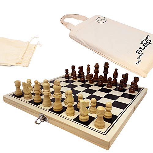 Big Game Hunters Tragbares Schachset aus Holz – Kiefern-Klappbrett 30 x 30 cm Reiseschach-Set – Überlegene Teile mit schützenden Basispolstern Reisebrettspiele Schachset für Erwachsene, Kinder und von Big Game Hunters