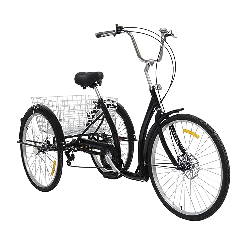 26 Zoll Dreirad Fahrrad Erwachsene Senioren Trike6 Gang 3 Räder Mit Einkaufskorb，Frei einstellbare Fahrzeughöhe mit Einkaufskorb Klingel，Geeignet für Senioren zum Fahren (Schwarz) von Biggittig