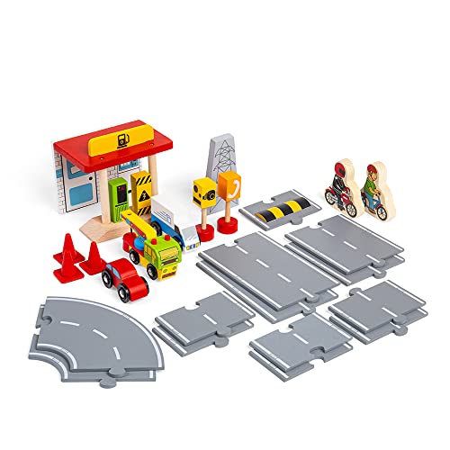 Bigjigs Rail - Roadway Car Accessoire Pack - 54 -teilige Holzwagen -Accessoires mit Fahrzeugen, Straßenschilder, Holzstrecke und mehr, Rennstrecken für Jungen von Bigjigs Rail